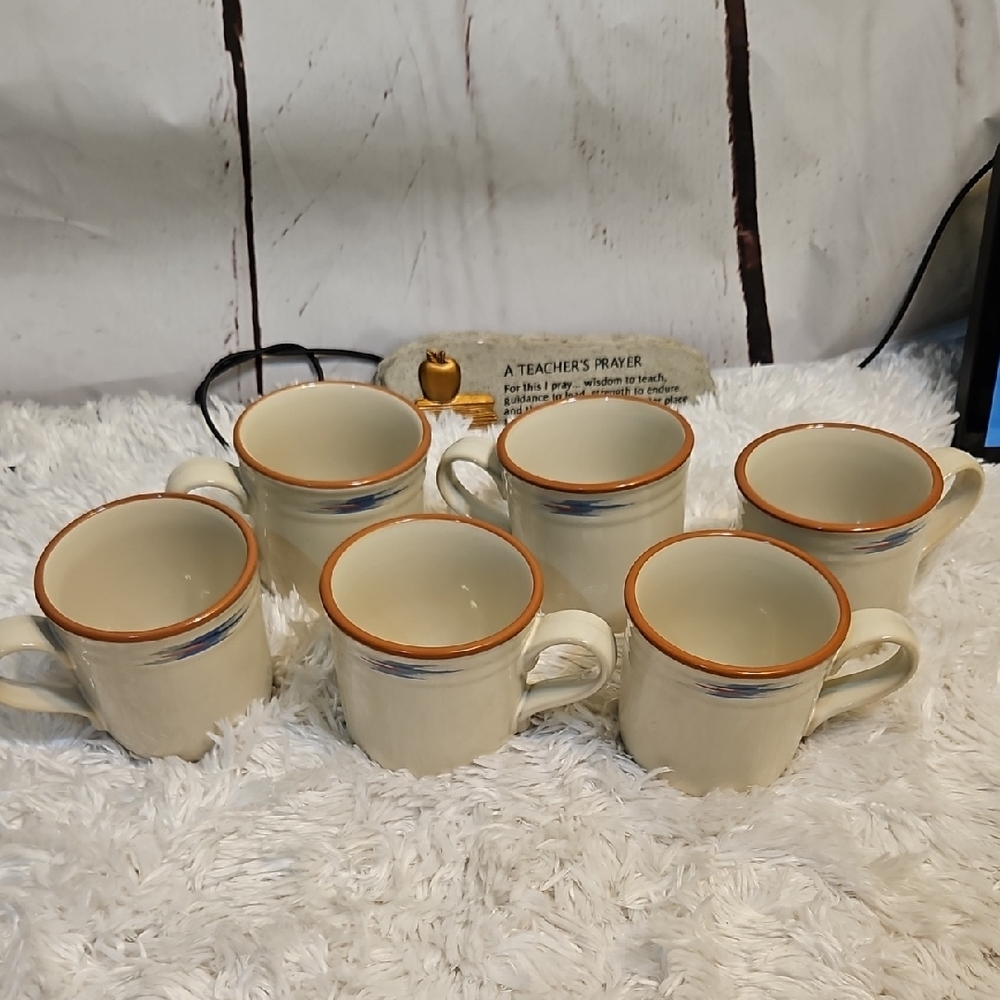 Set of 6 Stoneware Coffee Mugs Beige Blue Brown Trim Farmhouse Style‎